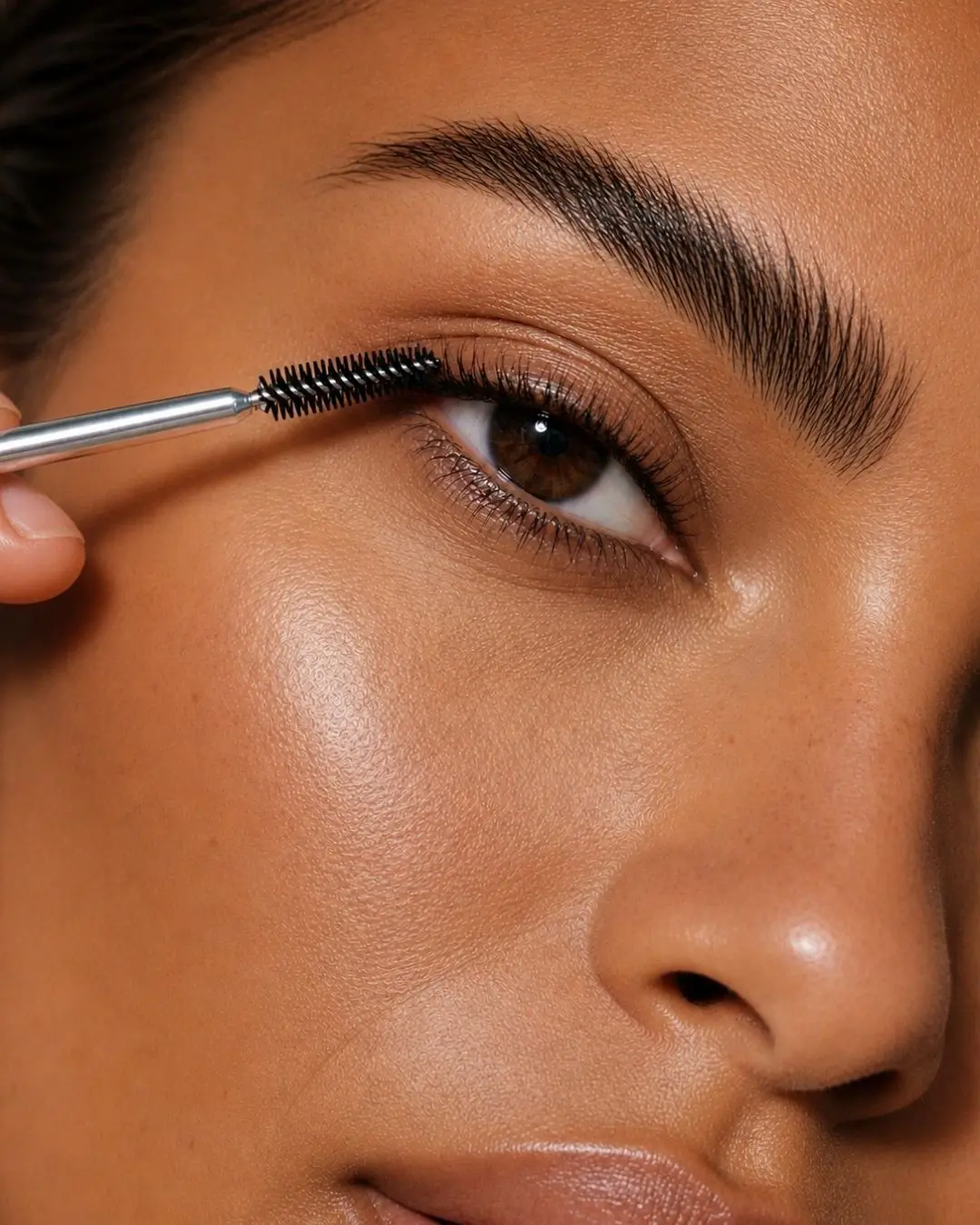 Nahaufnahme eines Auges mit natürlichen, geformten Wimpern.