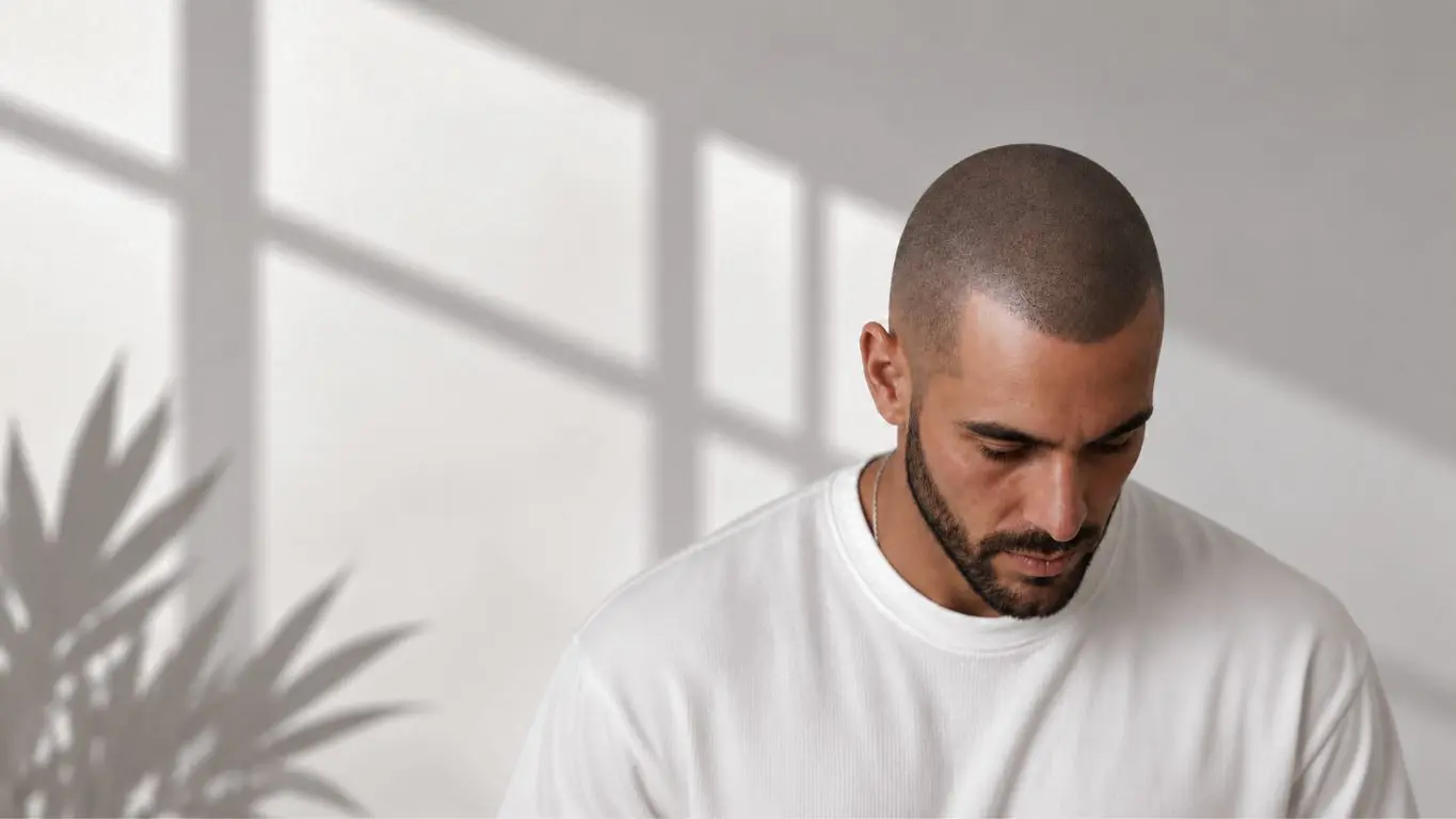Mann mit gleichmäßig verdichtetem, kurz rasiertem Haaransatz nach Scalp Micropigmentation.
